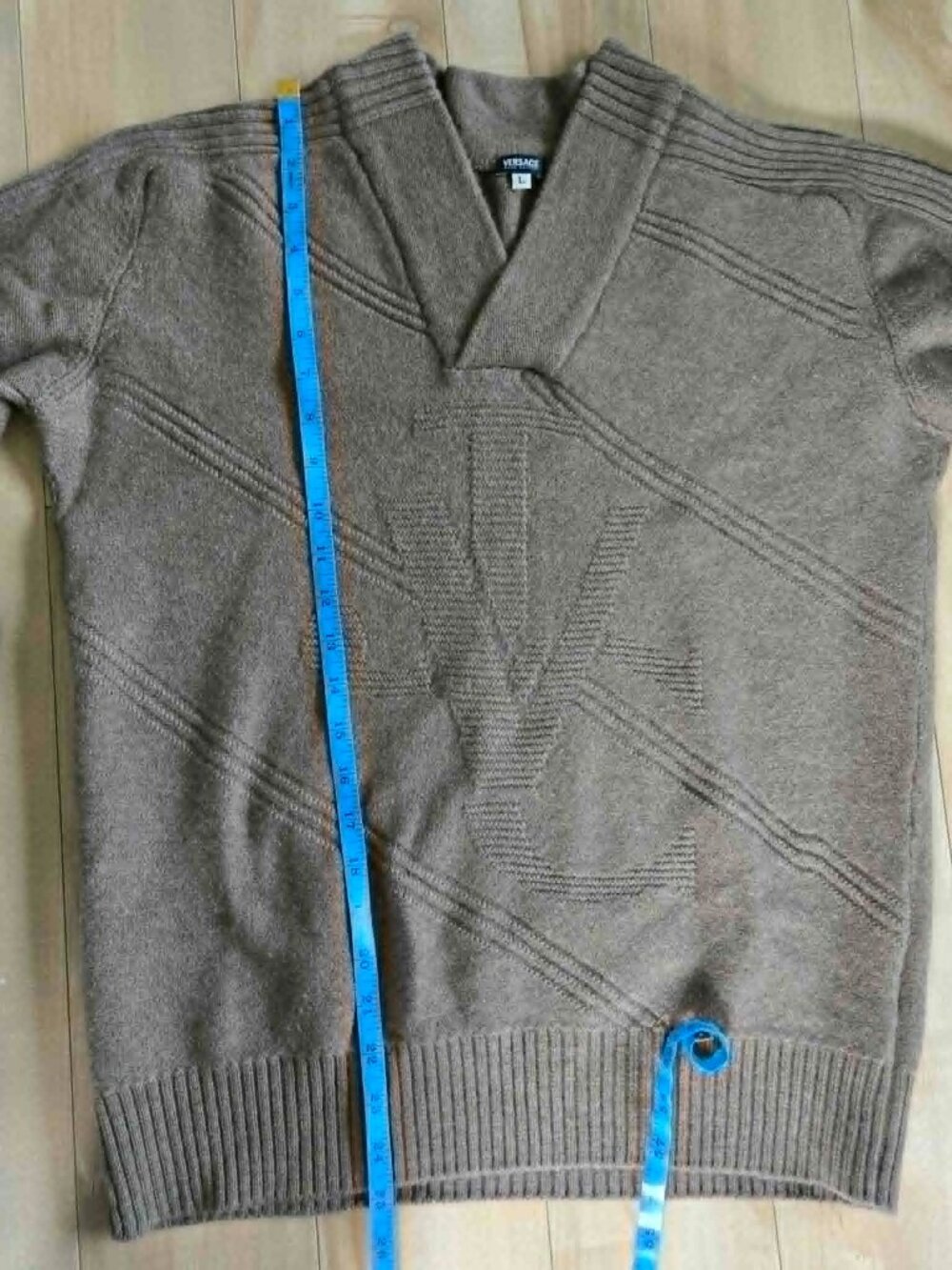 Versace Jeans Couture VJC Monogram 100% Merino Wool V-Neck Sweater Size L Vintag - Picture 4 of 13